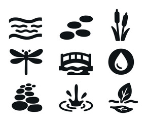 Riverside Hiking Icons. Solid, filled icons set of riverside hiking scenery: flowing stream, stepping stones,