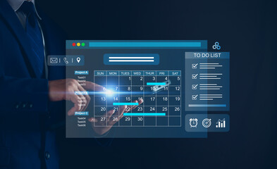 Business Plan Calendar Agenda work schedule and Project management concept, Businessman manages time for effective working with Calendar on virtual screen, Reminder appointment.