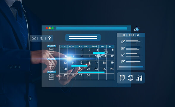 Business Plan Calendar Agenda work schedule and Project management concept, Businessman manages time for effective working with Calendar on virtual screen, Reminder appointment.