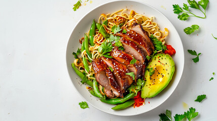 Warm duck leg confit salad with tender egg noodles, string beans, sweet paprika, avocado and sesame sauce. Bright white background.