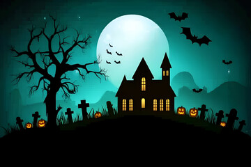 Spooky Halloween Night Scene: Haunted House, Bats, Graveyard
