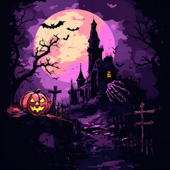 Spooky Halloween Night Castle Scene With Jack-o'-lantern