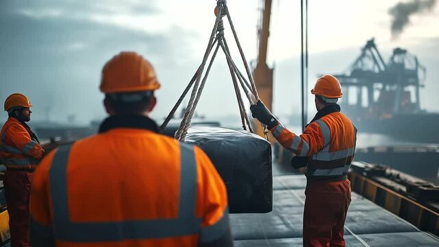 Group of longshoremen unloading breakbulk cargo manually, ropes and cranes assisting the heavy load handling