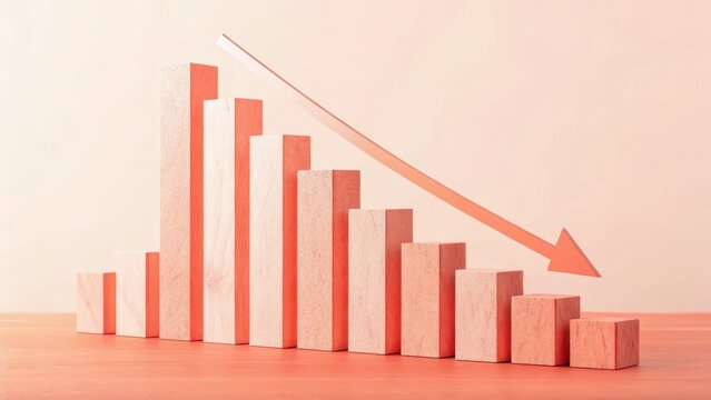 Wooden blocks arranged as a falling bar graph with a downward arrow indicating a financial decline