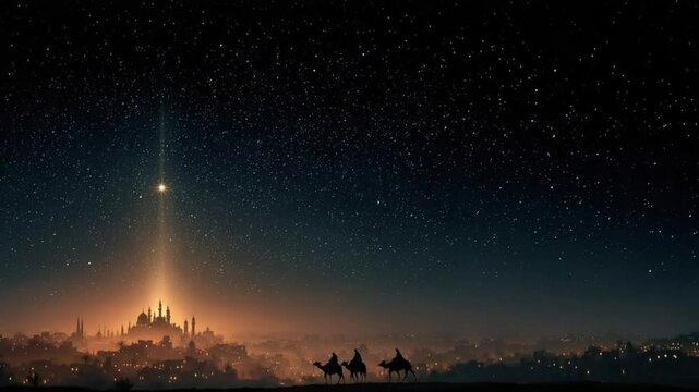 Star of Bethlehem: Three wise men journey towards a city illuminated by a bright star, a magical scene evoking faith and hope.