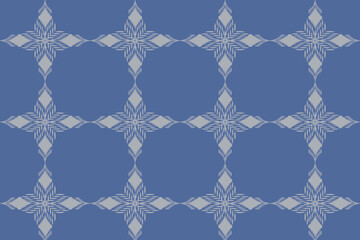 This fabric pattern features traditional geometric motifs in tones and blue hues, arranged in horizontal stripes for a bold ethnic style.