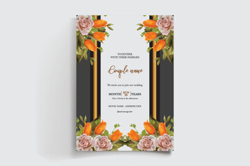 WEDDING INVITATION FRAME WITH FLOWER DECORATIONS AND FRESH LEAVES