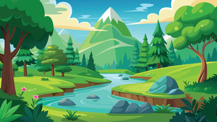 Fototapeta premium Cartoon Landscape Featuring a River, Mountains, Trees, and Rocks Under a Bright Blue Sky