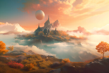 Majestic fantasy castle on floating island at sunrise with planet in the sky