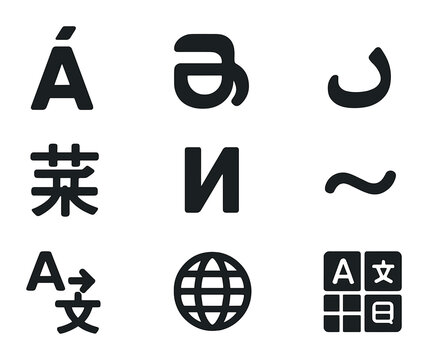 Multilingual Typography Icons. Solid, filled icons set of multilingual typography styles: accented character,