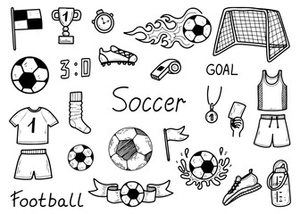 Soccer set. Hand drawn doodle illustration. Equipment for playing ball with feet on grass field. Football championship, match. Gates, uniform, stopwatch. Vector line art collection of elements. © Mari Bryk