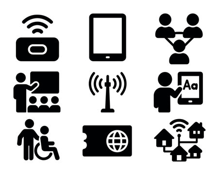 Digital Connectivity Icons. Solid, filled icons set of bridging the digital divide: mobile hotspot, low-cost