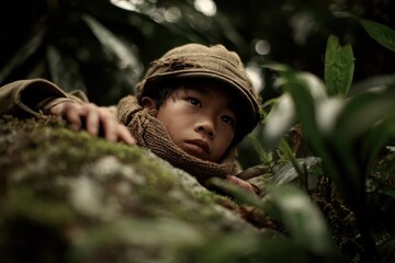 Thoughtful young boy peeking through dense foliage in a lush green forest, showcasing curiosity and adventure in a natural setting, inviting exploration and imagination.