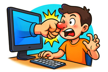Boy punched through the screen. The image symbolically shows how physical violence is metaphorically replaced by cyberbullying and digital attacks.