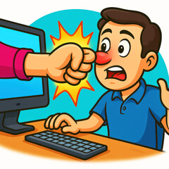 Boy punched through the screen. The image symbolically shows how physical violence is metaphorically replaced by cyberbullying and digital attacks.