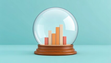 SEO Marketing traffic 3D concept. Snow globe displaying colorful bar graph inside a clear dome.