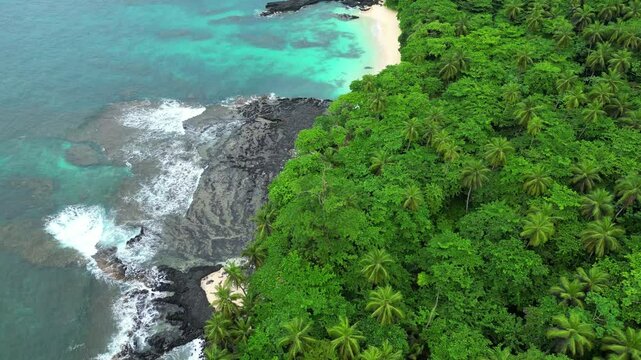Aerial view from amazing coast of Ilheu das rolas and the cafe (coffee) beach at S&atilde;o Tom&eacute;,Africa