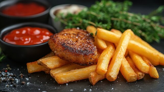 Crispy fried fish fillet with golden french fries and dipping sauces