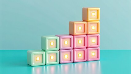 SEO Marketing traffic 3D concept. Colorful stacked boxes in a playful arrangement on a blue background.