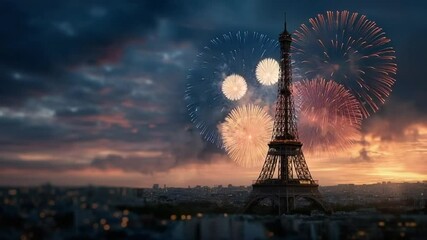 Eiffel Tower Fireworks Display: Eiffel Tower under a dramatic, cloudy sky is the centerpiece of vibrant fireworks display, bursting with colors and light. - Powered by Adobe