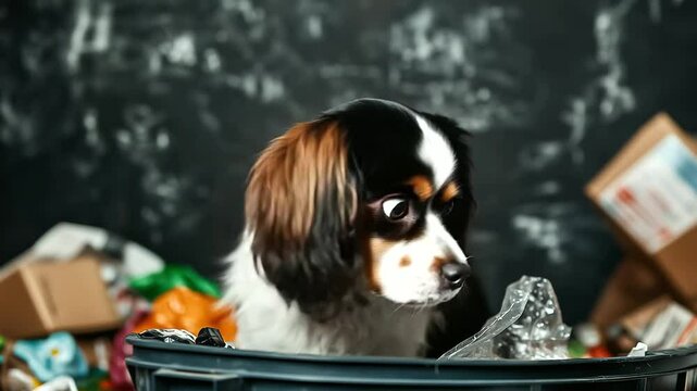 Cavalier King Charles Spaniel surrounded by overturned trash bin contents, giving wide-eyed guilty expression