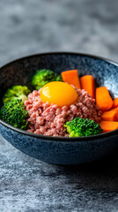 bowl with raw ground meat, egg yolk, carrots, broccoli, and parsley on dark surface
