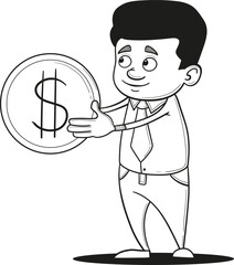 Young businessman in shirt and tie showing money. Hand drawn vector illustration.

