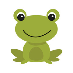 Cheerful green frog with a big smile sitting on a white background. Vector illustration in flat style.