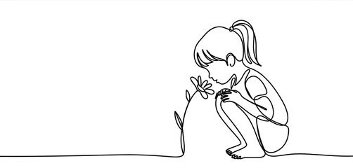 Little Girl Kneeling and Smelling a Flower One Line Drawing