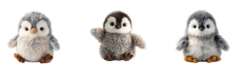A full-body plushie of a cute penguin chick with fuzzy gray fluff and small wings, sitting on a transparant background.