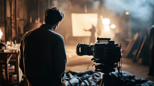 A cameraman films a scene with a professional camera in a film studio with dramatic lighting and blurred figures of actors in the background