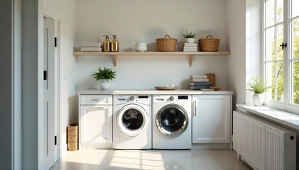 Bright and airy laundry room with modern appliances, ample storage, and natural light streaming through a window Clean, organized space perfect for efficient laundry routines , chores, efficient
