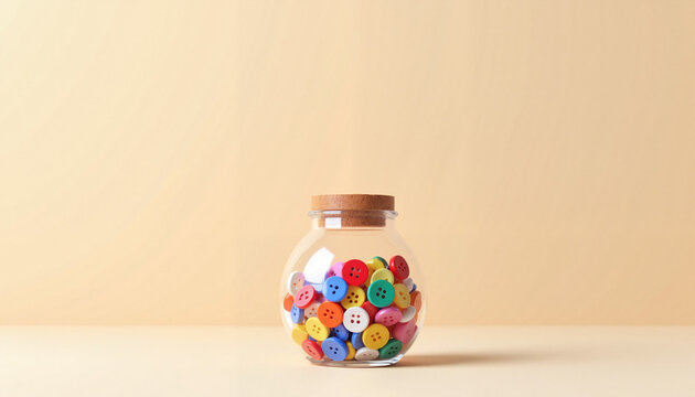 Glass jar filled with colorful buttons on soft beige background  for craft stores or hobby blogs