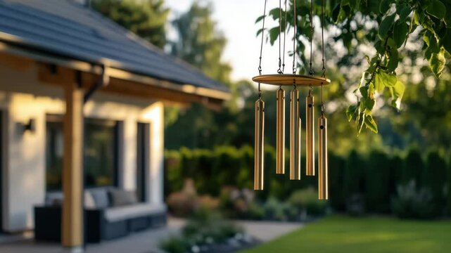 Wind chimes hang on a tree in front of a cozy house with a terrace and a garden illuminated by the warm light of the sunset