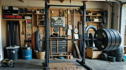 A vintage home gym a squat rack loaded with plates surrounded by tools and equipment exudes rustic fitness charm