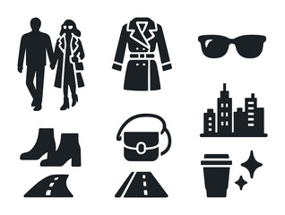 Fashion Icon Silhouettes. Solid, filled icons set of a stylish couple walking hand-in-hand down a city street
