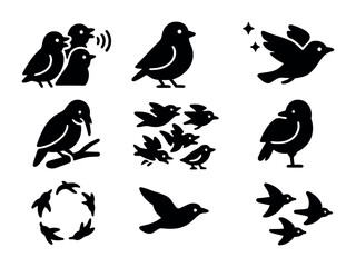 Fototapeta premium Migratory Bird Icons. Solid, filled icons set of bird behaviors during migration: group call, energy reserve,