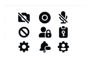 Modern Privacy Icons. Solid, filled icons set of privacy and control settings: camera off icon, privacy zone,