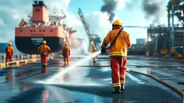 Crew conducting fire drill training on dock with extinguishers and hoses, massive industrial port backdrop