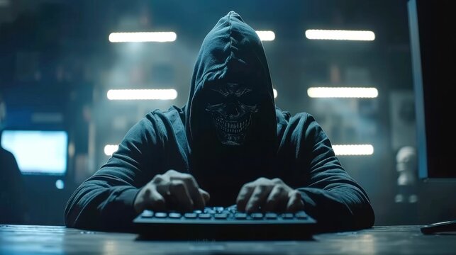 Mysterious hacker in a hooded sweatshirt with a skull mask typing on a keyboard in a dark, tech-filled room.