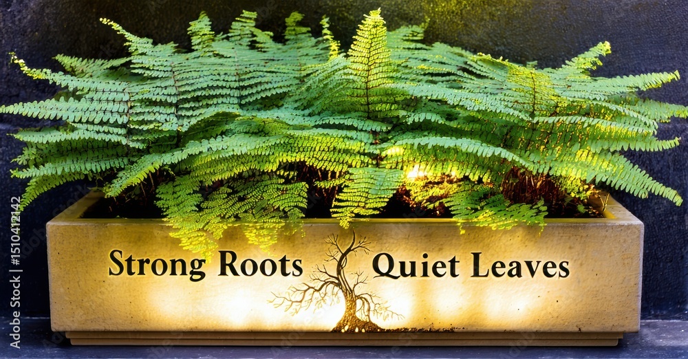 Poster Ferns grow from rectangular planter. Text reads Strong Roots, Quiet Leaves. Warm light emanates from within container. Simple, calming image.