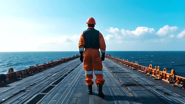 Crew on deck of bulk carrier inspecting loading hatches in midday light, endless rows of metal blending into shimmering sea horizon