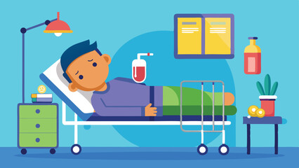 Cartoon Illustration of a Sick Boy in Hospital Bed Getting Blood Transfusion