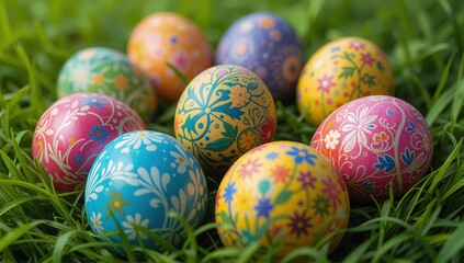 Fototapeta premium Vibrant Hand-Painted Easter Eggs Nestled in Spring Grass
