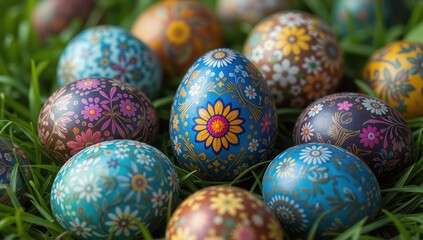 Fototapeta premium Vibrant Hand-Painted Easter Eggs Nestled in Grass
