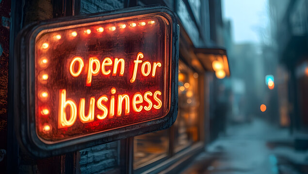 Bright open for business sign with glowing bulbs
