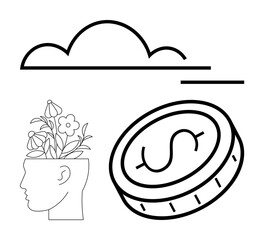 Profile head growing flowers, cloud, and coin highlighting creativity, sustainability, wealth. Ideal for mental health, growth mindset, innovation, finance eco-consciousness productivity simple