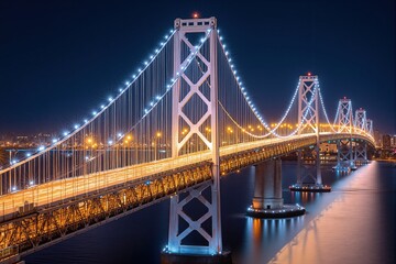 Obraz premium Modern bridge illuminated with integrated LED lighting at night. Visual for urban lighting design, smart city infrastructure, public space development and architectural night photography.