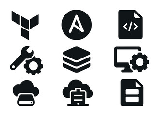 Infrastructure Icons Grid. Solid, filled icons set of infrastructure as code (IaC): Terraform, Ansible, cloud