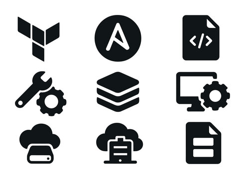 Infrastructure Icons Grid. Solid, filled icons set of infrastructure as code (IaC): Terraform, Ansible, cloud